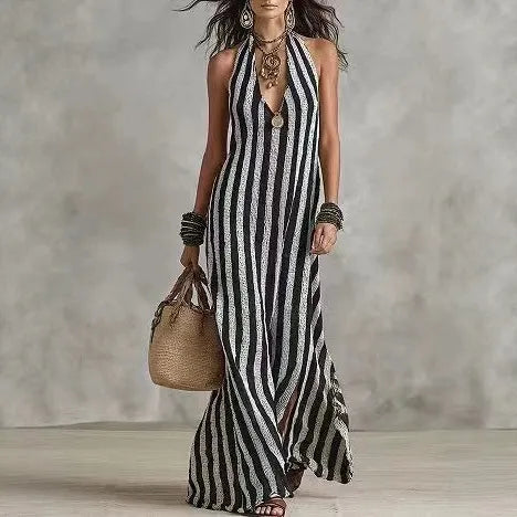 Striped Halter Neck Deep V-Neck Maxi Dress