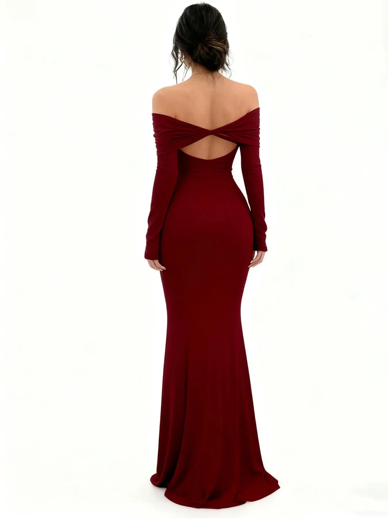 Solid Off Shoulder Back Cross Split Mermaid Maxi Dress
