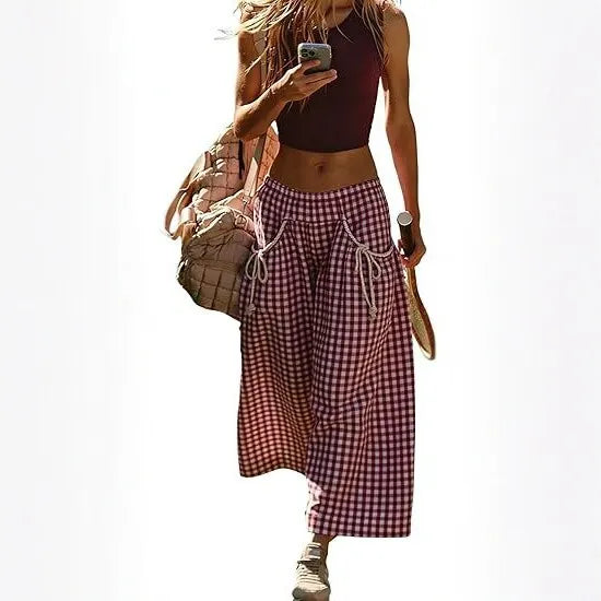Plaid Drawstring Wide Leg Cropped Pants