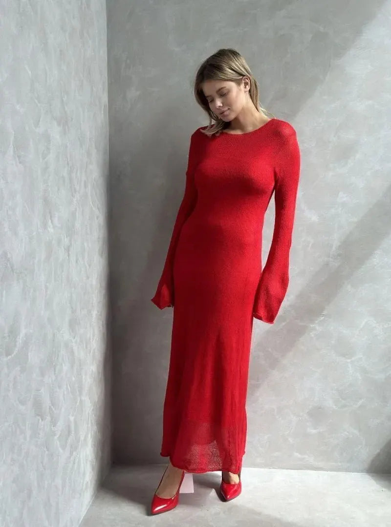 Light Pink Semi Sheer Knit Dress, Ladies Crew Neck Flared Sleeve Elegant Long Knit Midi Dress