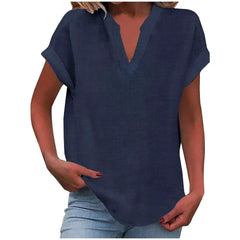 Notched V Neck Cuffed Short Sleeve Loose Cotton Linen Blouse