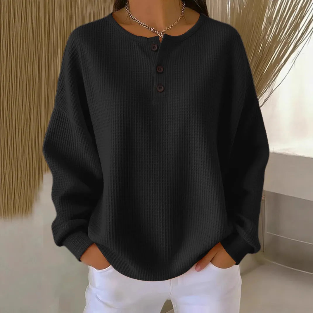 Casual Oversized Waffle Knit Top, Henley Button Neck Long Sleeve Tee