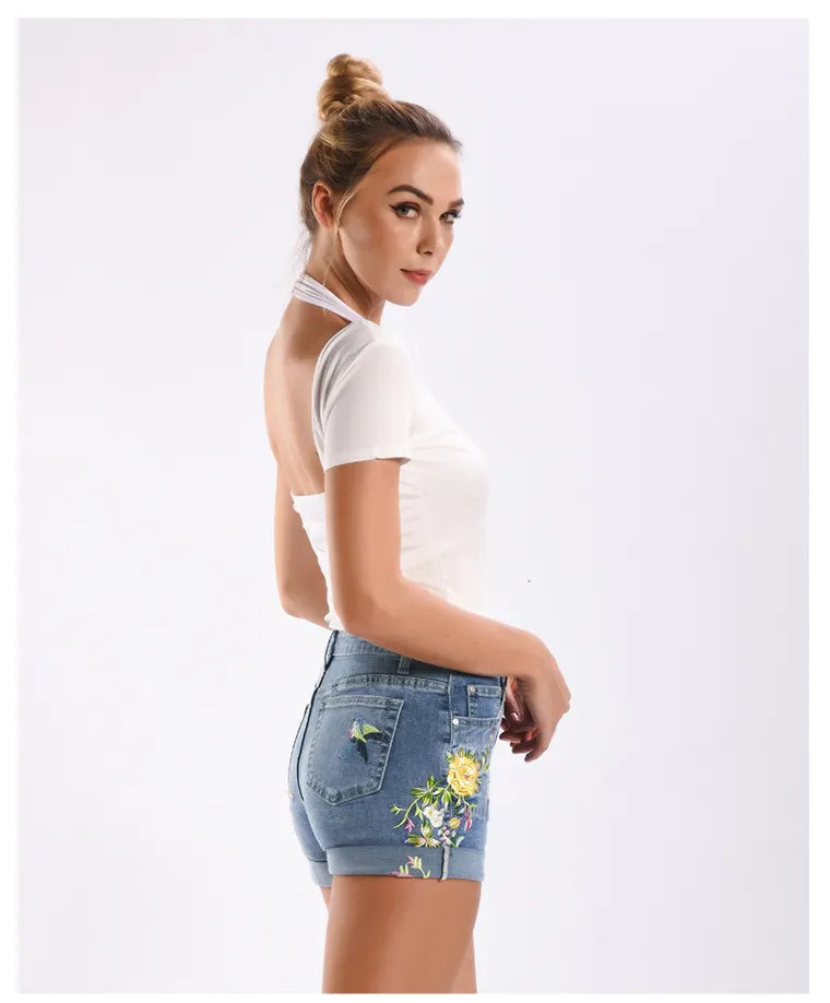 Boho Floral Bird Embroidered Denim Shorts