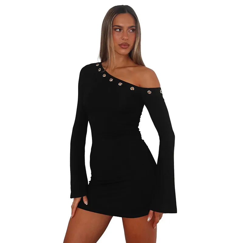 One Shoulder Button Bodycon Mini Dress