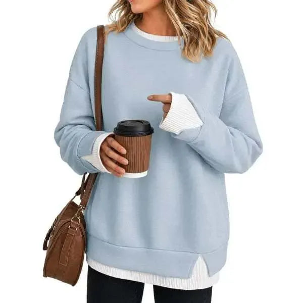 Fake Two Piece Sweatshirt, Black Base with Black White Stripe Cuff & Hem Detail