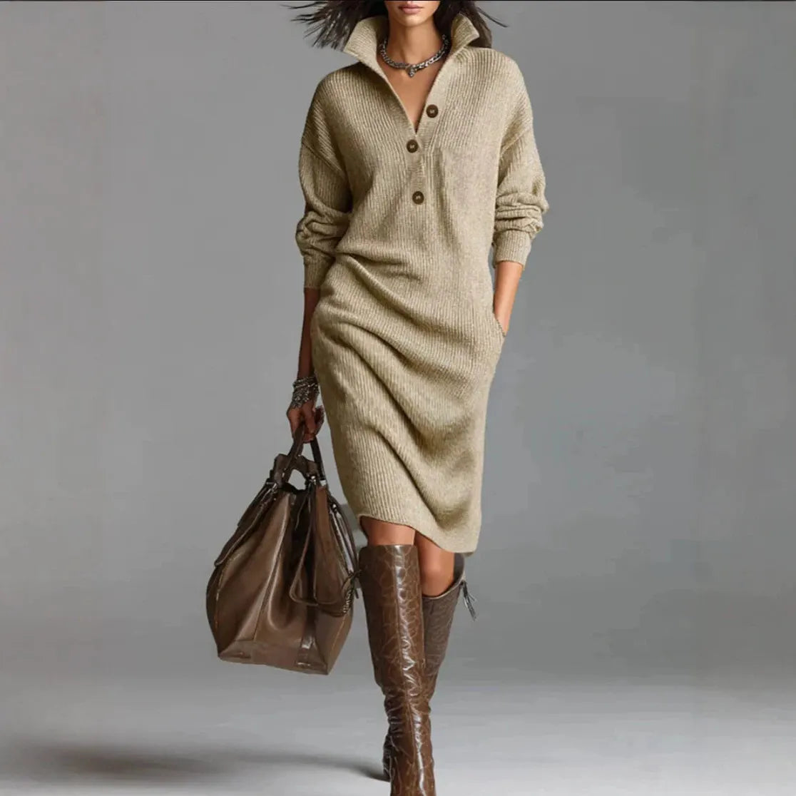 Collared Henley Button Front Loose Sweater Dress