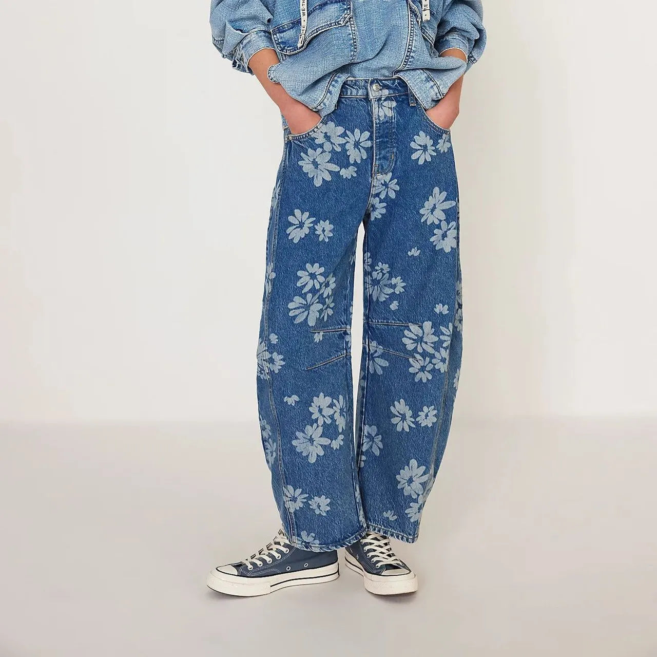 Heart Print Loose Wide Leg Casual Denim Pants