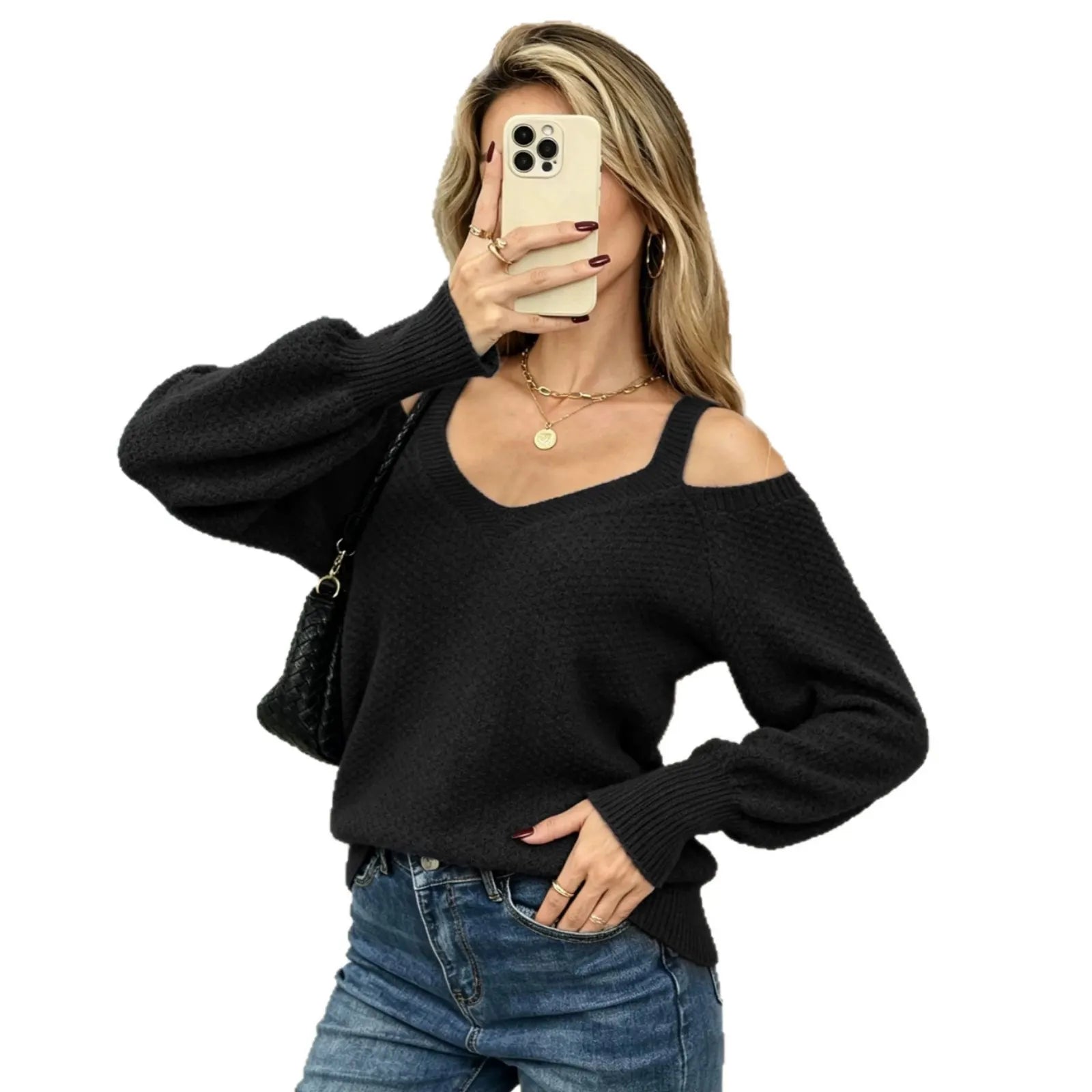 Textured Long Sleeve V-Neck Casual Sweater