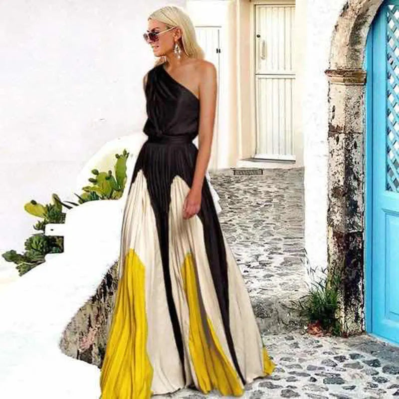 One Shoulder Color Block Printed Maxi Dress