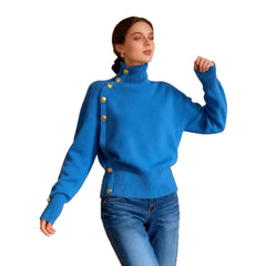 Chic Blue Turtleneck Knit Sweater, Statement Side Gold Buttons Casual Fall Winter Top