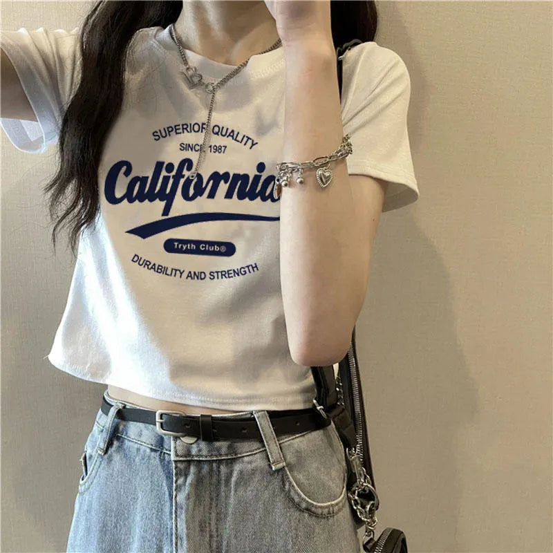 Round Neck California Letter Print Slim Fit Crop Short Sleeve T-Shirt