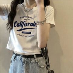 Round Neck California Letter Print Slim Fit Crop Short Sleeve T-Shirt