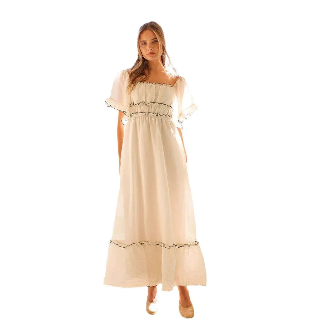 White Off Shoulder Maxi Dress with Black Ruffle Trim