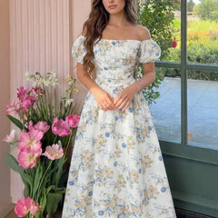 Floral Print Square Neck Off Shoulder Puff Short Sleeve High Waist A-Line Midi Dress