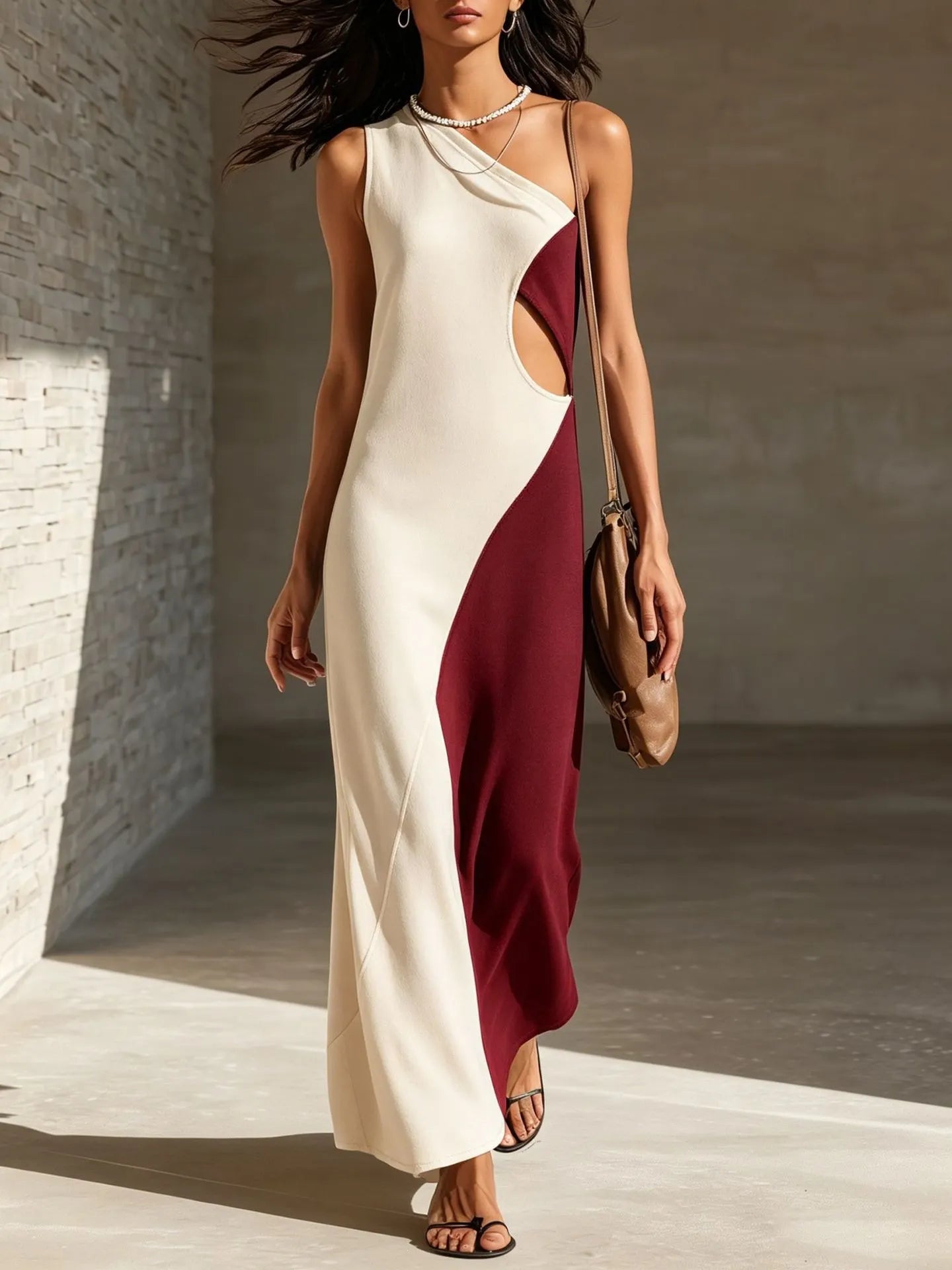 Black & Gray Color-Blocked Asymmetrical One-Shoulder Cutout Maxi Dress