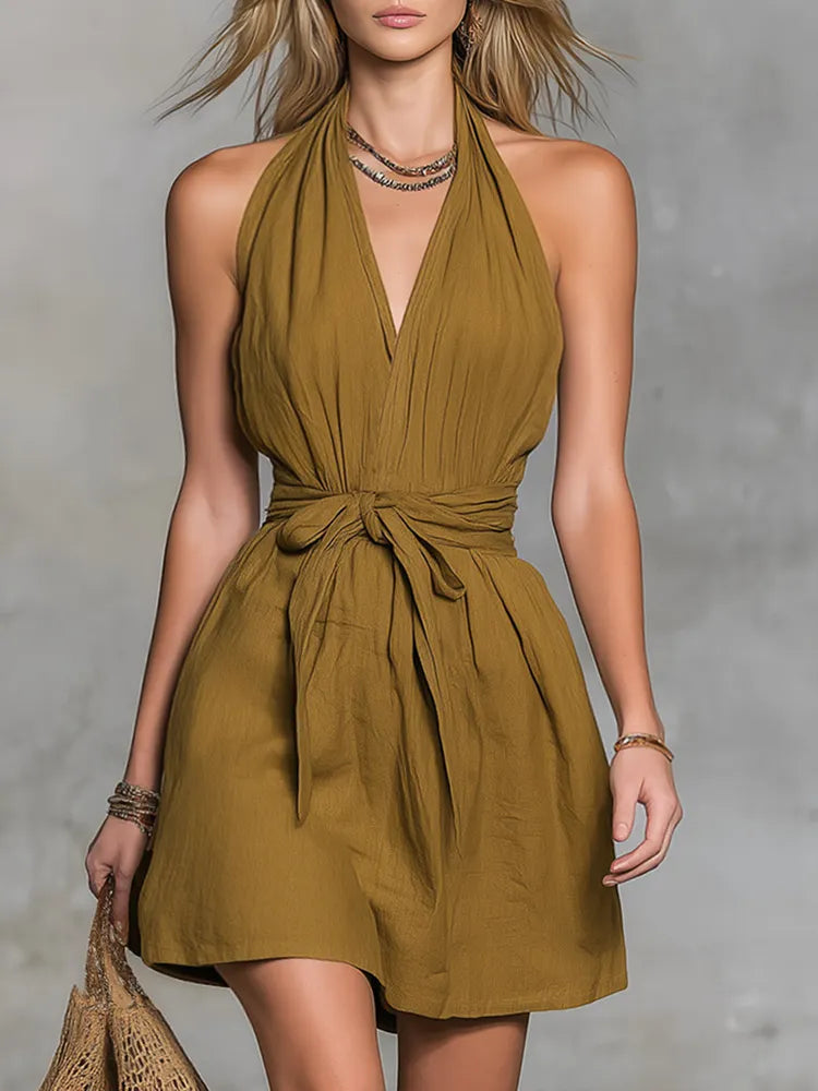 Deep V Halter Self Tie Waist Wrap Mini Dress
