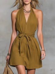 Deep V Halter Self Tie Waist Wrap Mini Dress