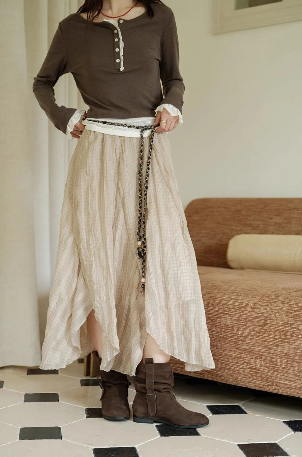 Beige Irregular Ruffled Midi Skirt