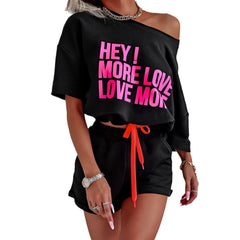 Pink Letter Print Oversized T-Shirt & Drawstring Shorts Set
