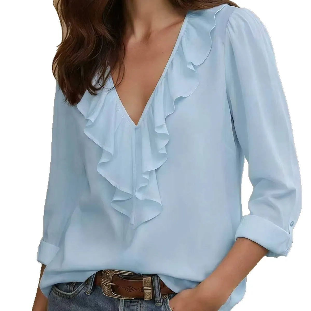 Front Ruffle V Neck Blouse