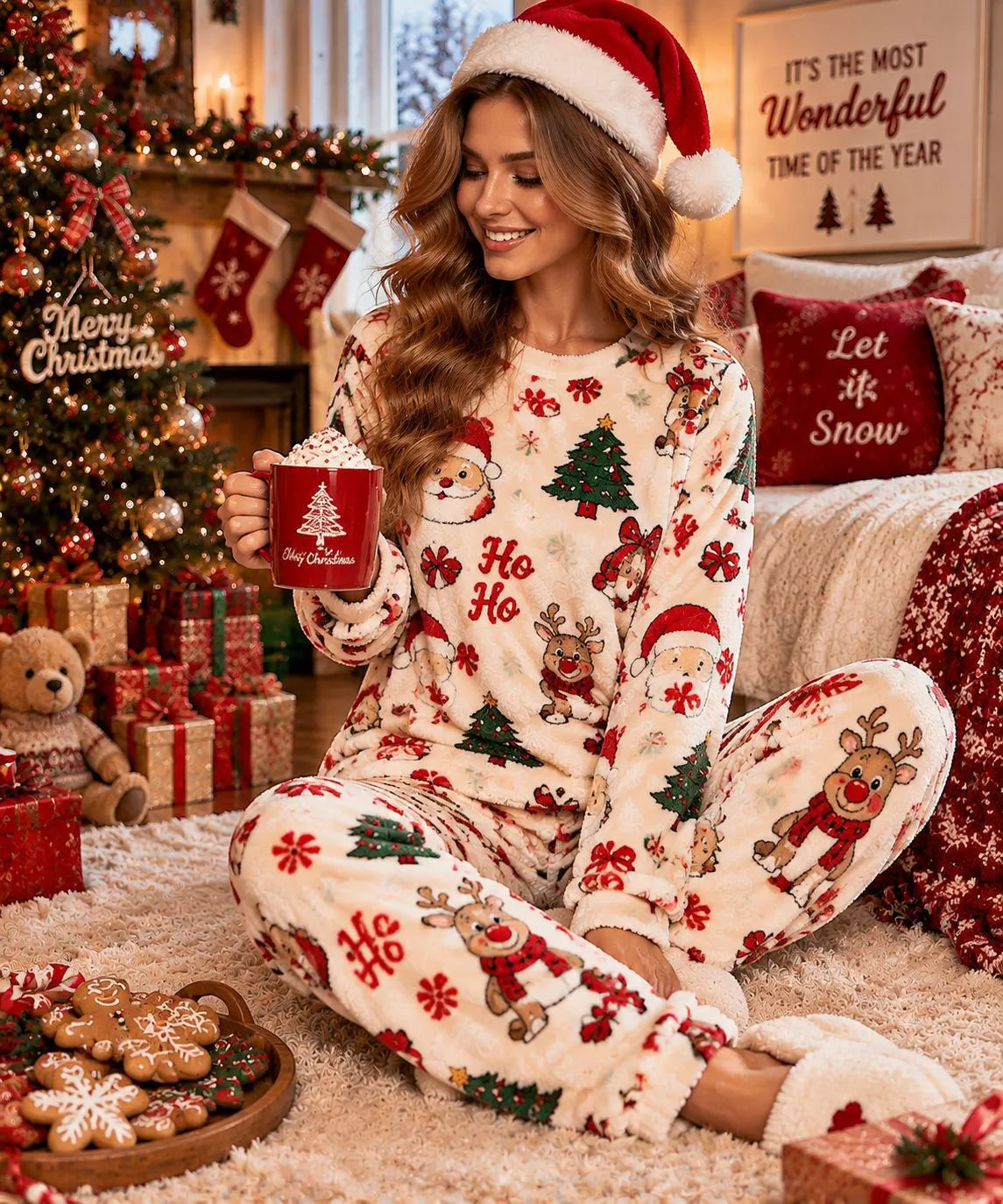 Cute Christmas Snowman Fleece Loungewear Set Round Neck Long Sleeve Top & Elastic Waist Full Length Pants