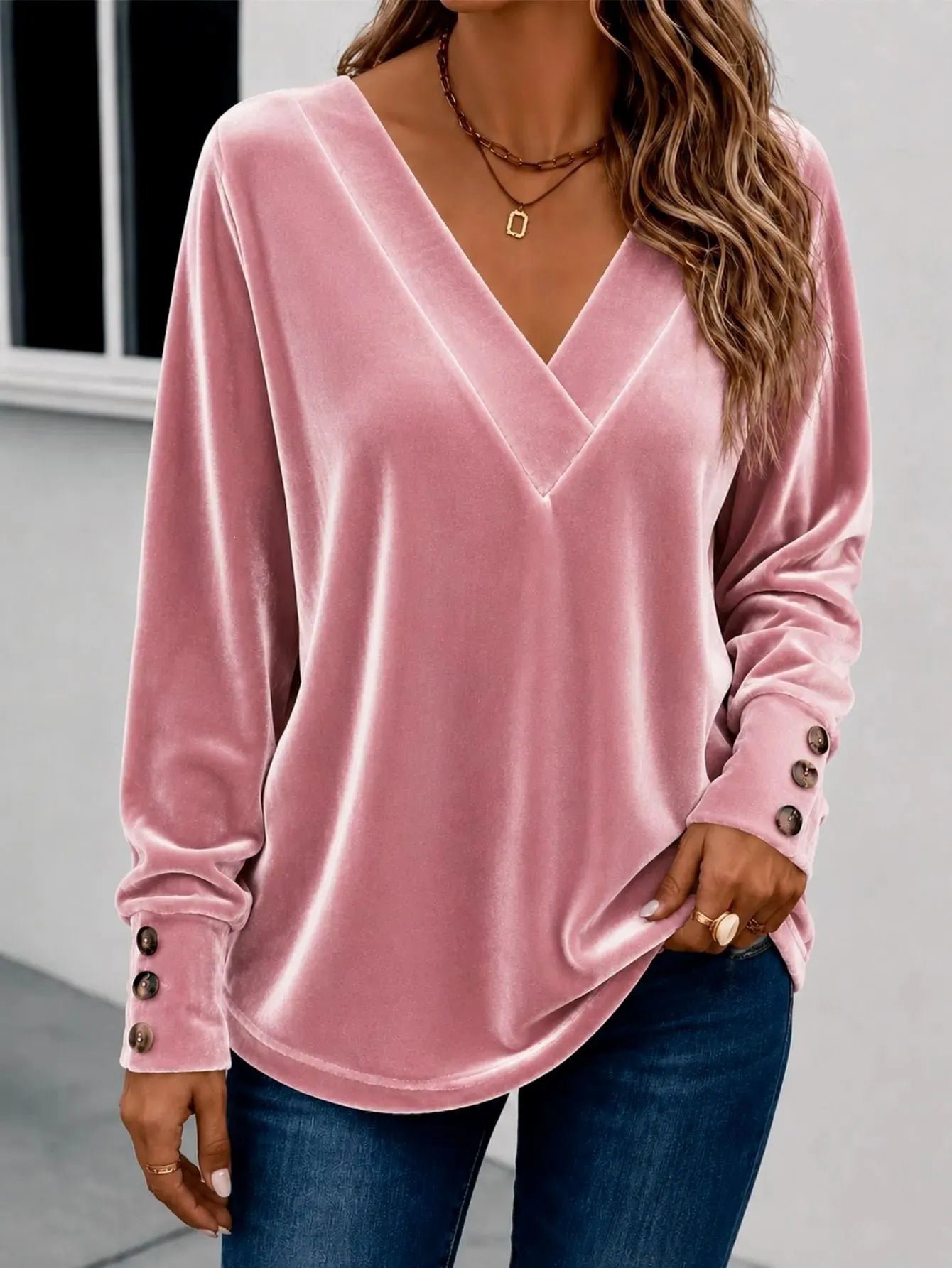 V Neck Velvet Long Sleeve Casual Top