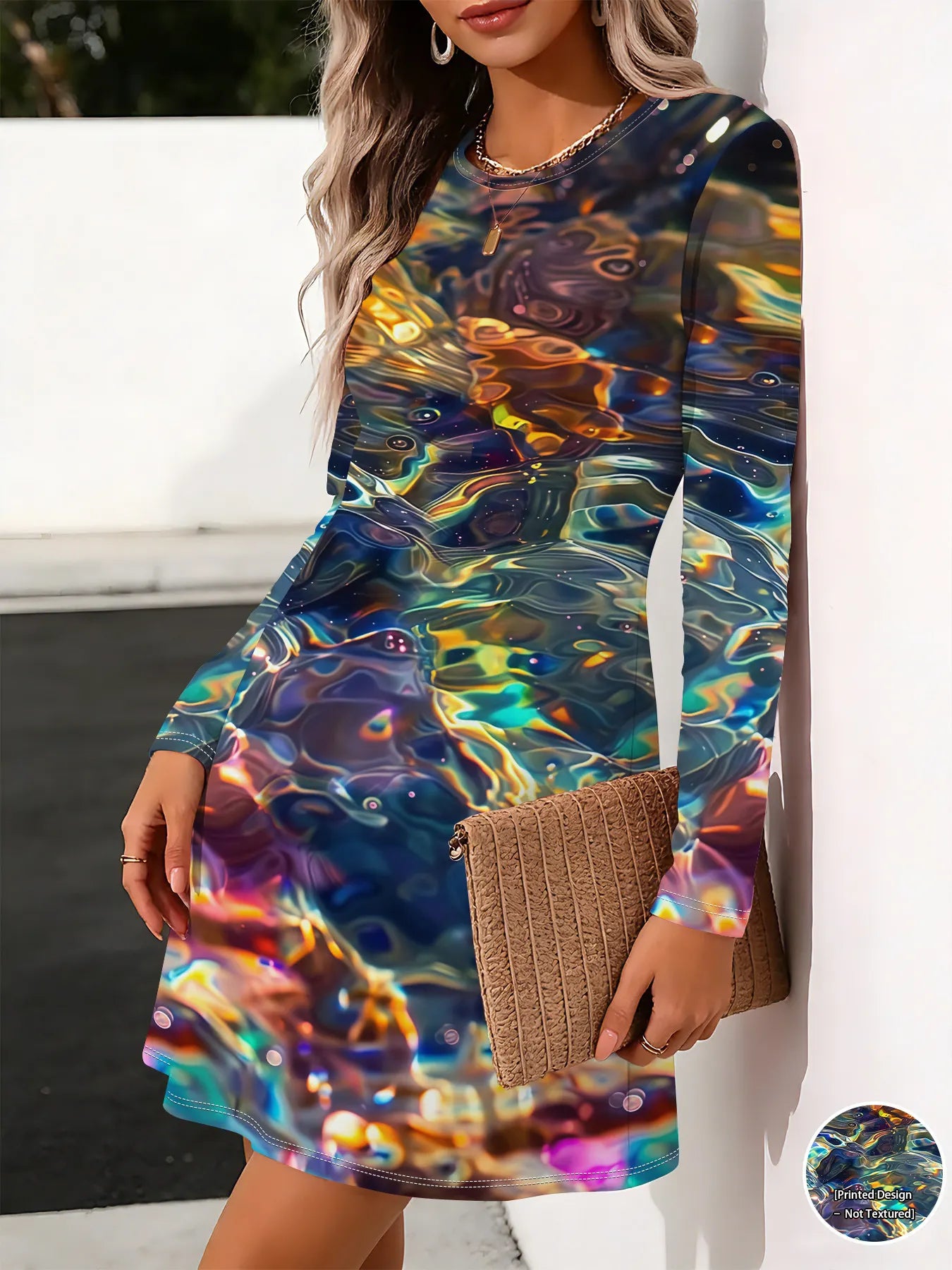 Holographic Star Print Round Neck Long Sleeve Midi Dress