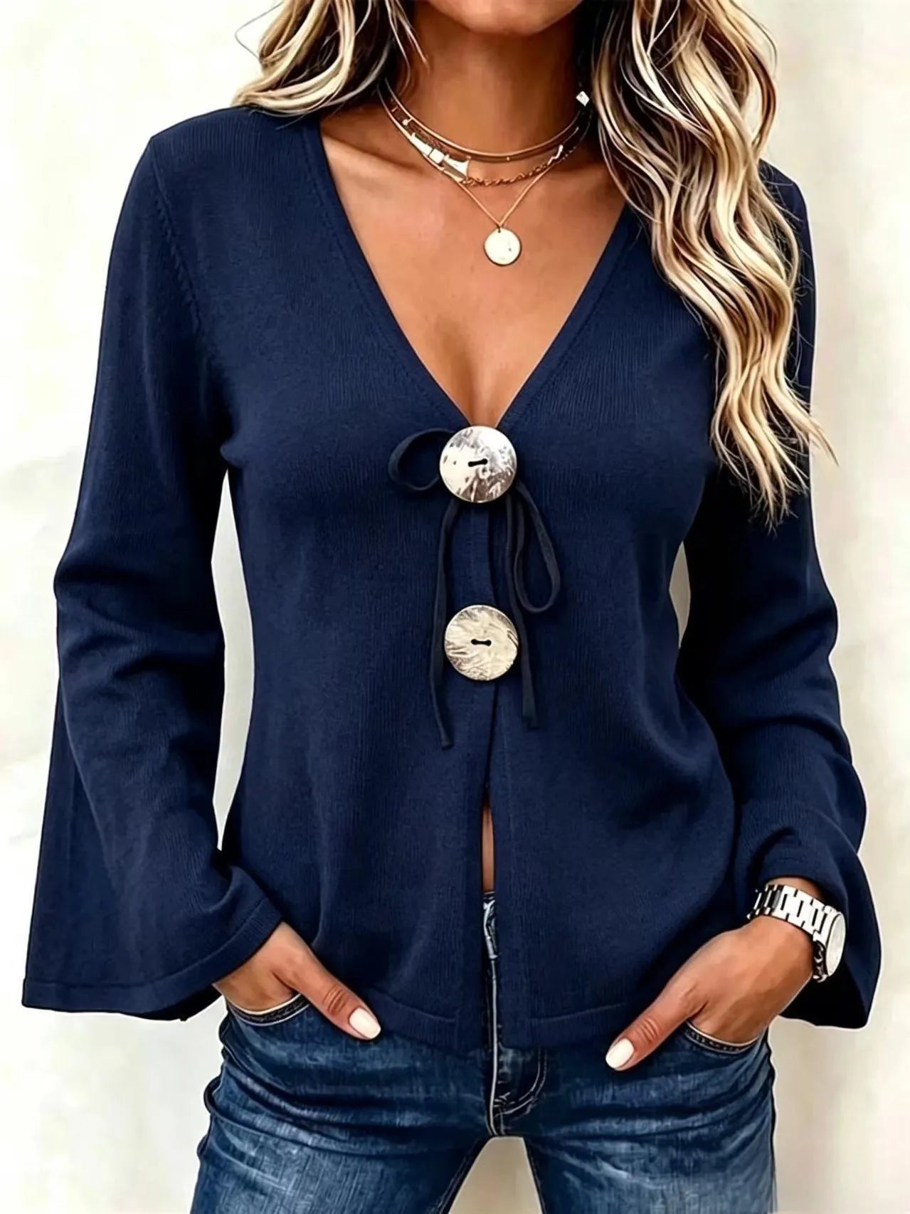V-Neck Knit Cardigan, Large Button Tie Front Flare Long Sleeve Sweater Top