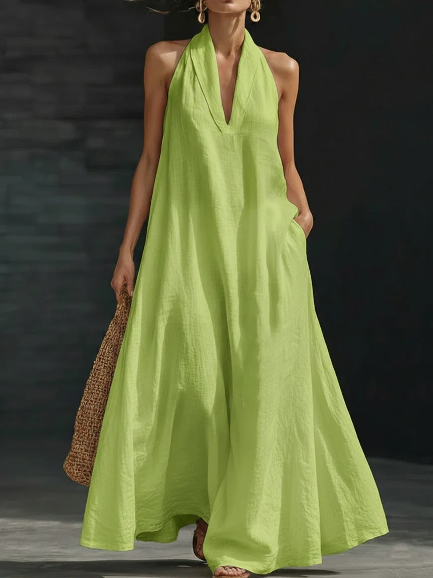Solid Color Halter Neck A-Line Maxi Dress