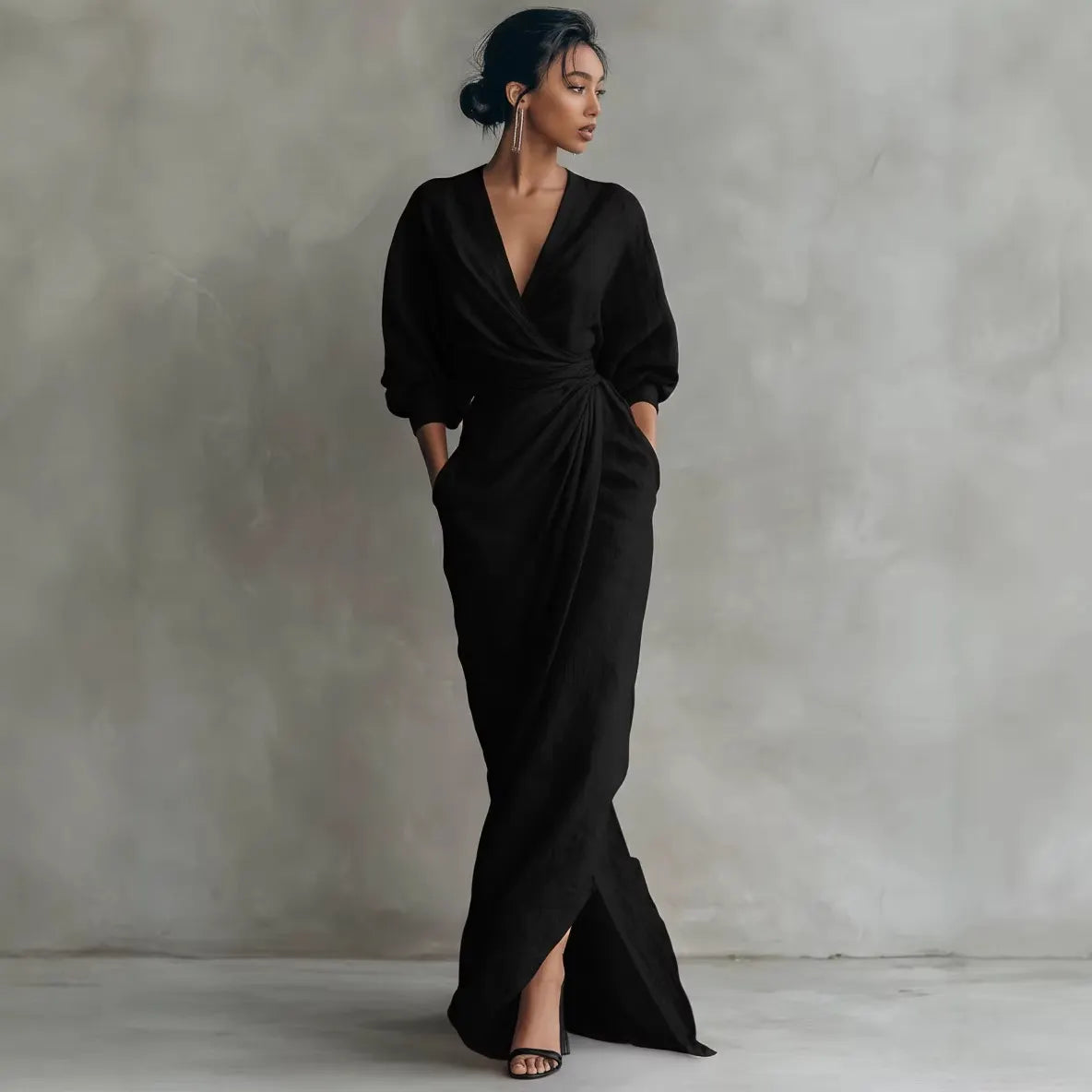 Wrap V Neck Long Sleeve Tie Waist Linen Maxi Dress