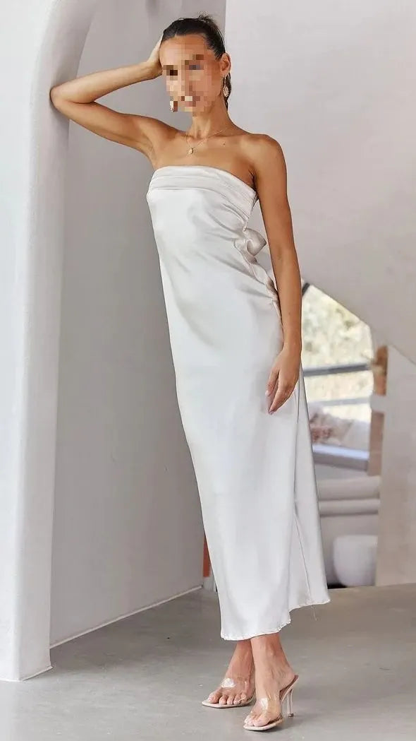 Solid Strapless Satin Bodycon Maxi Dress