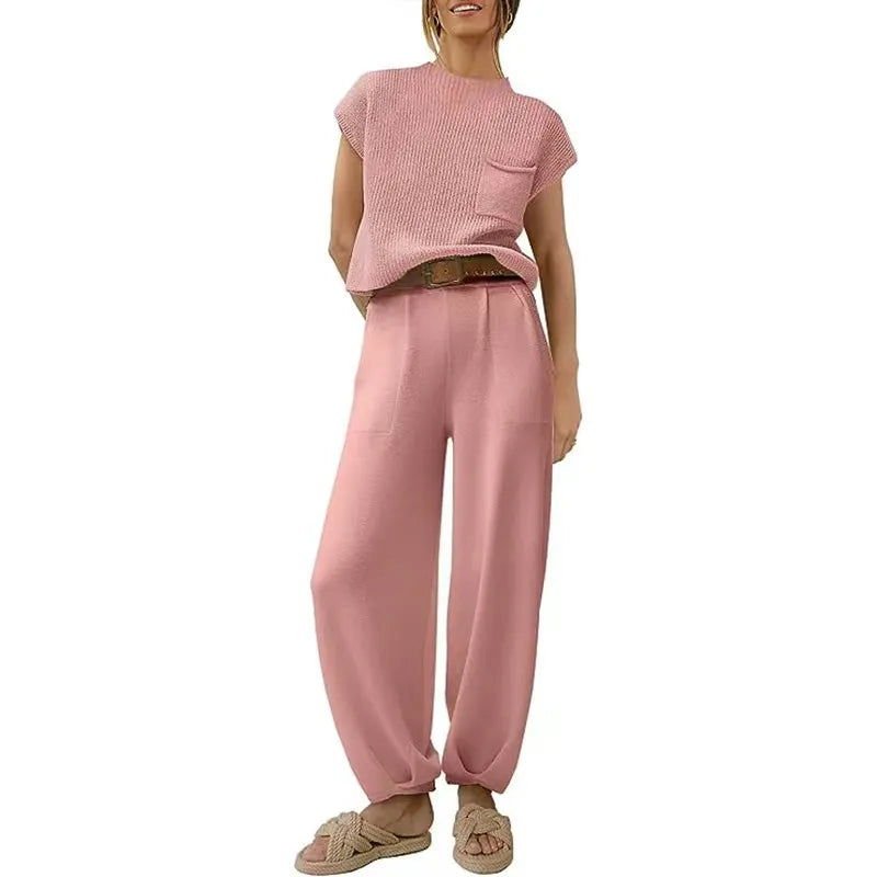 White Knit Short-Sleeve Top & Khaki High-Waisted Pants Two-Piece Set