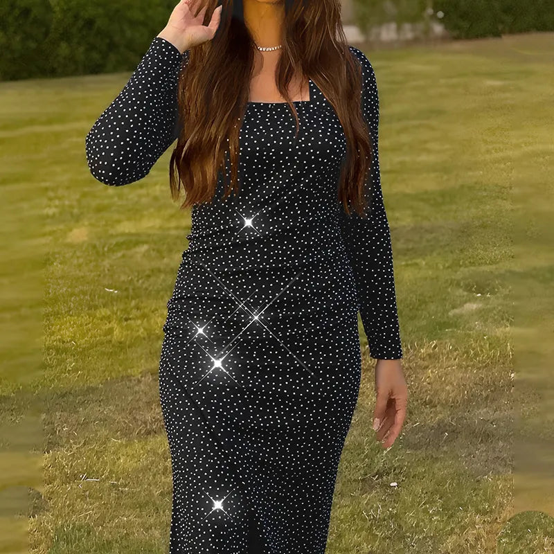 Black Glitter Square Neck Long Sleeve Bodycon Maxi Dress