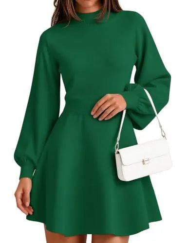 Elegant Mock Neck Knit Dress, Puff Sleeve A-line Mini Dress for Autumn Outfit