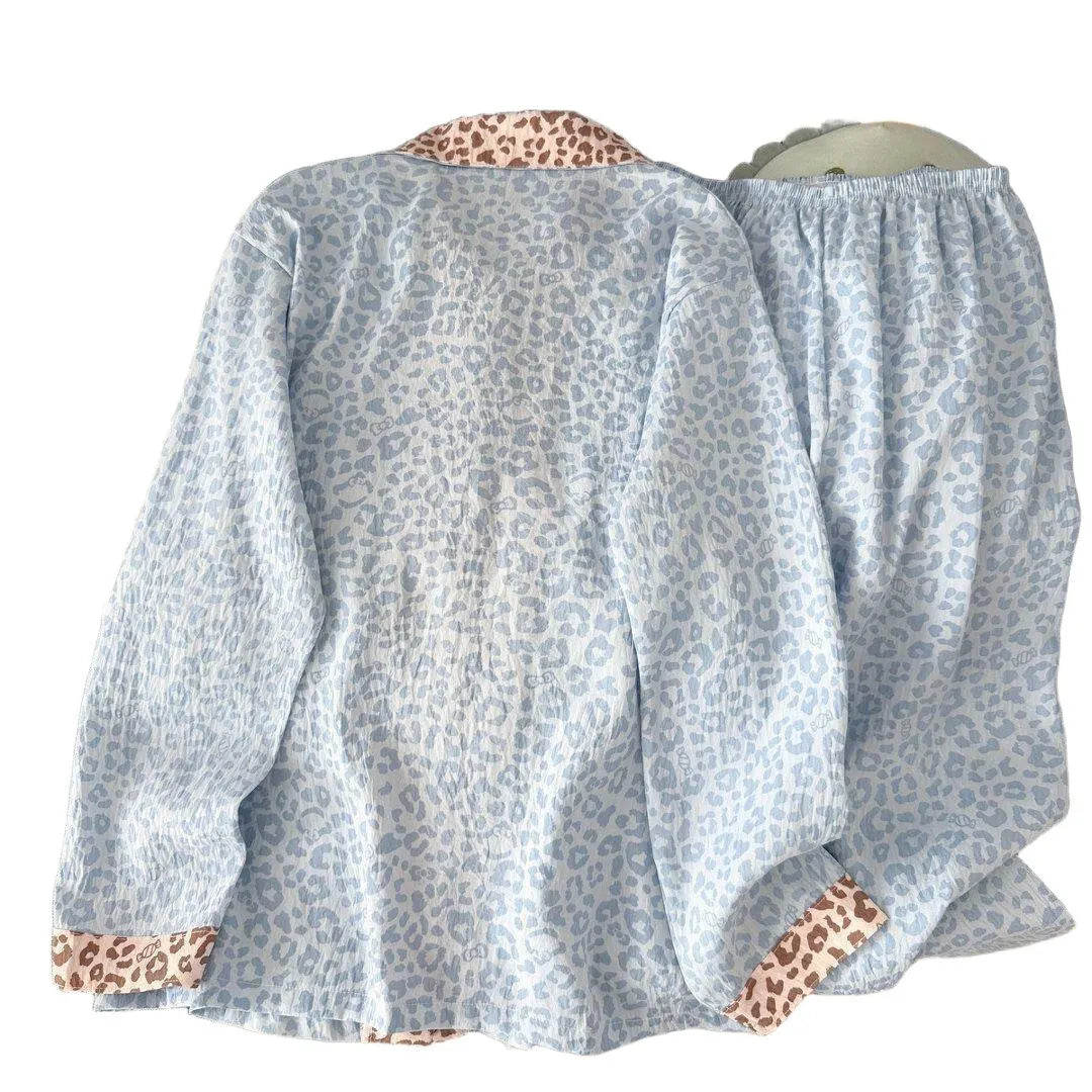 Light Blue Leopard Shirt & Pants 2 Piece Pajamas with Pocket Embroidery