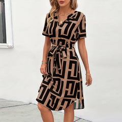 Geometric Print Tie-Waist V-Neck Midi Dress - Elegant A-Line Short-Sleeve Dress (S-XL)