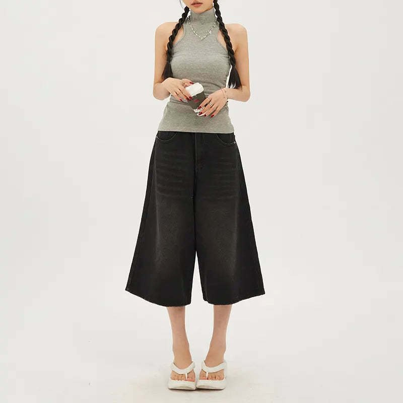 Solid White High Waist Cropped Wide Leg Jeans