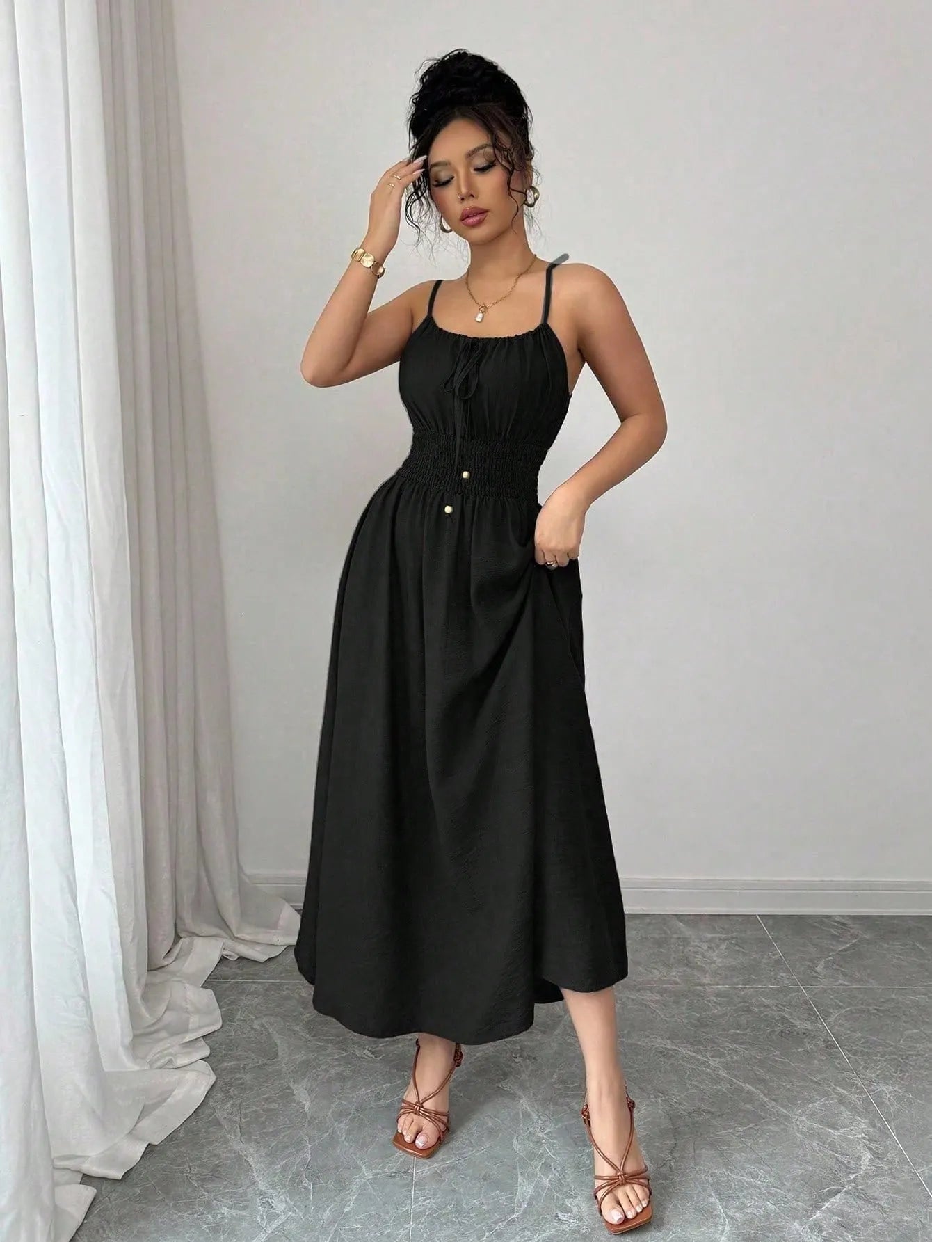 One-Shoulder Spaghetti Strap Smocked Elastic Waist Solid A-Line Maxi Dress