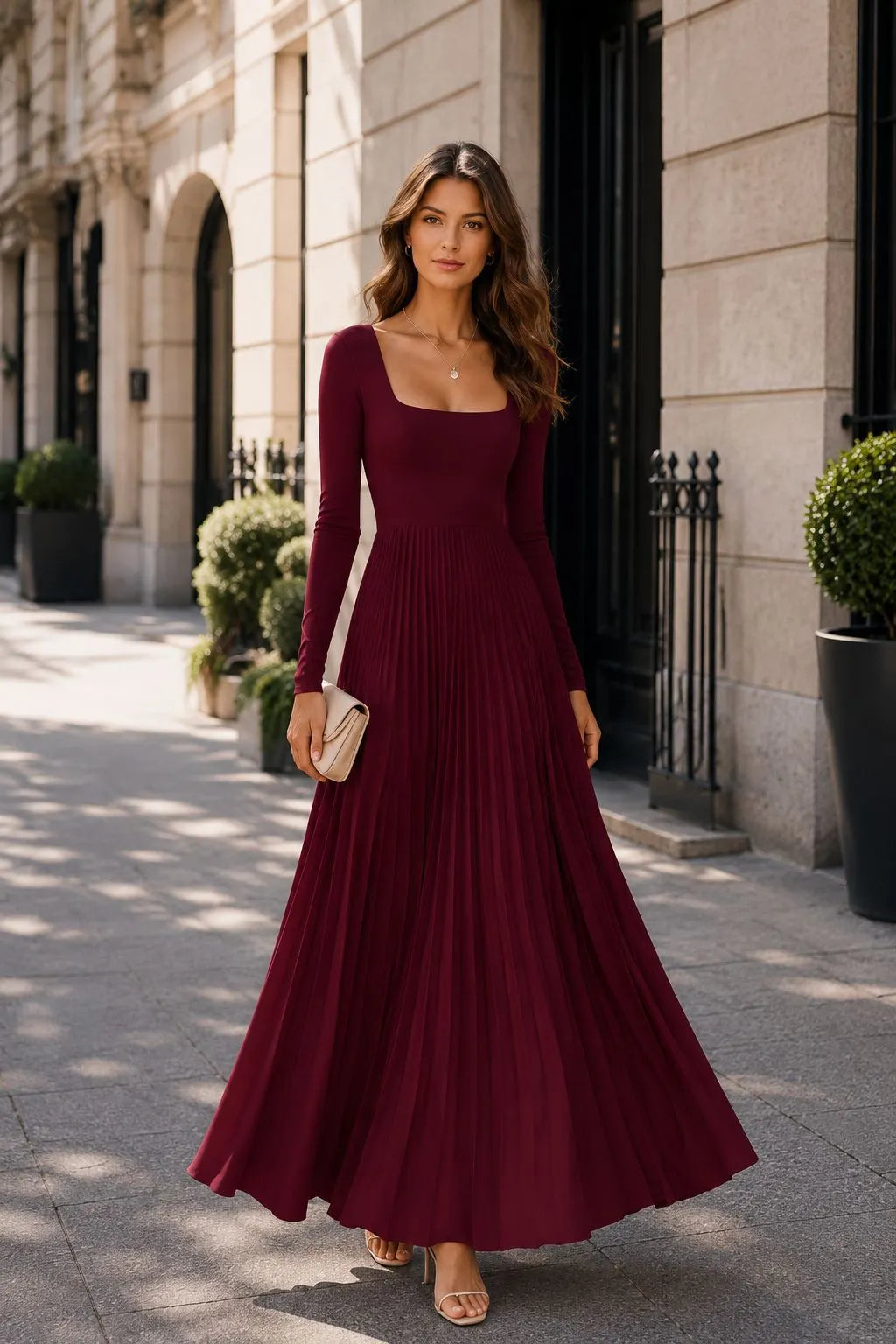 Square Neck Long Sleeve High Waist Pleated Maxi Dress Elegant Commuter Dress