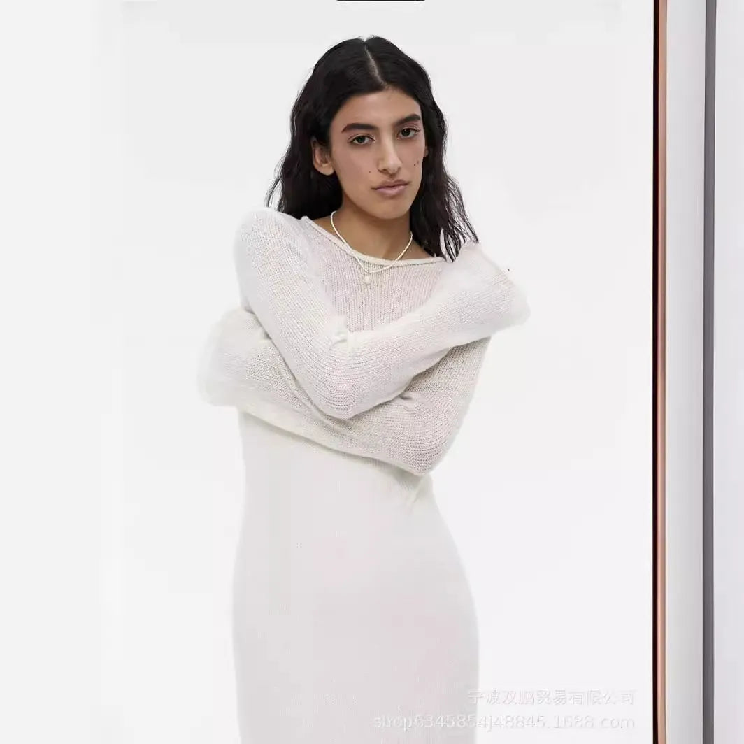 Light Pink Semi Sheer Knit Dress, Ladies Crew Neck Flared Sleeve Elegant Long Knit Midi Dress