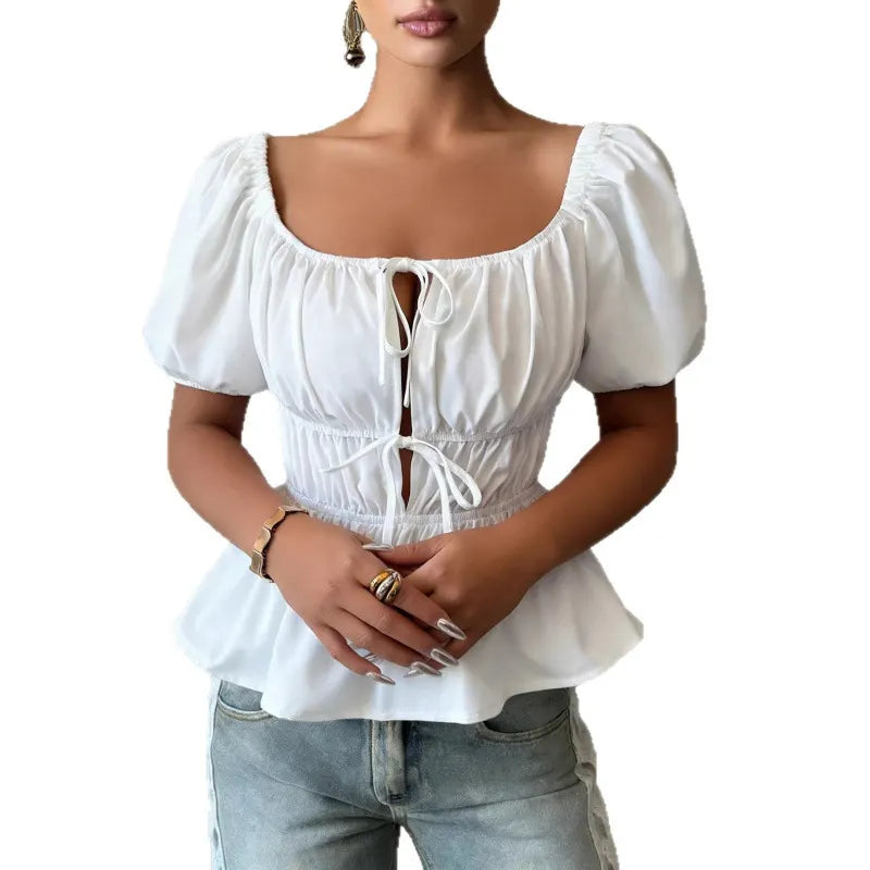 Elegant Solid Color White High Waist Sleeveless Shirt