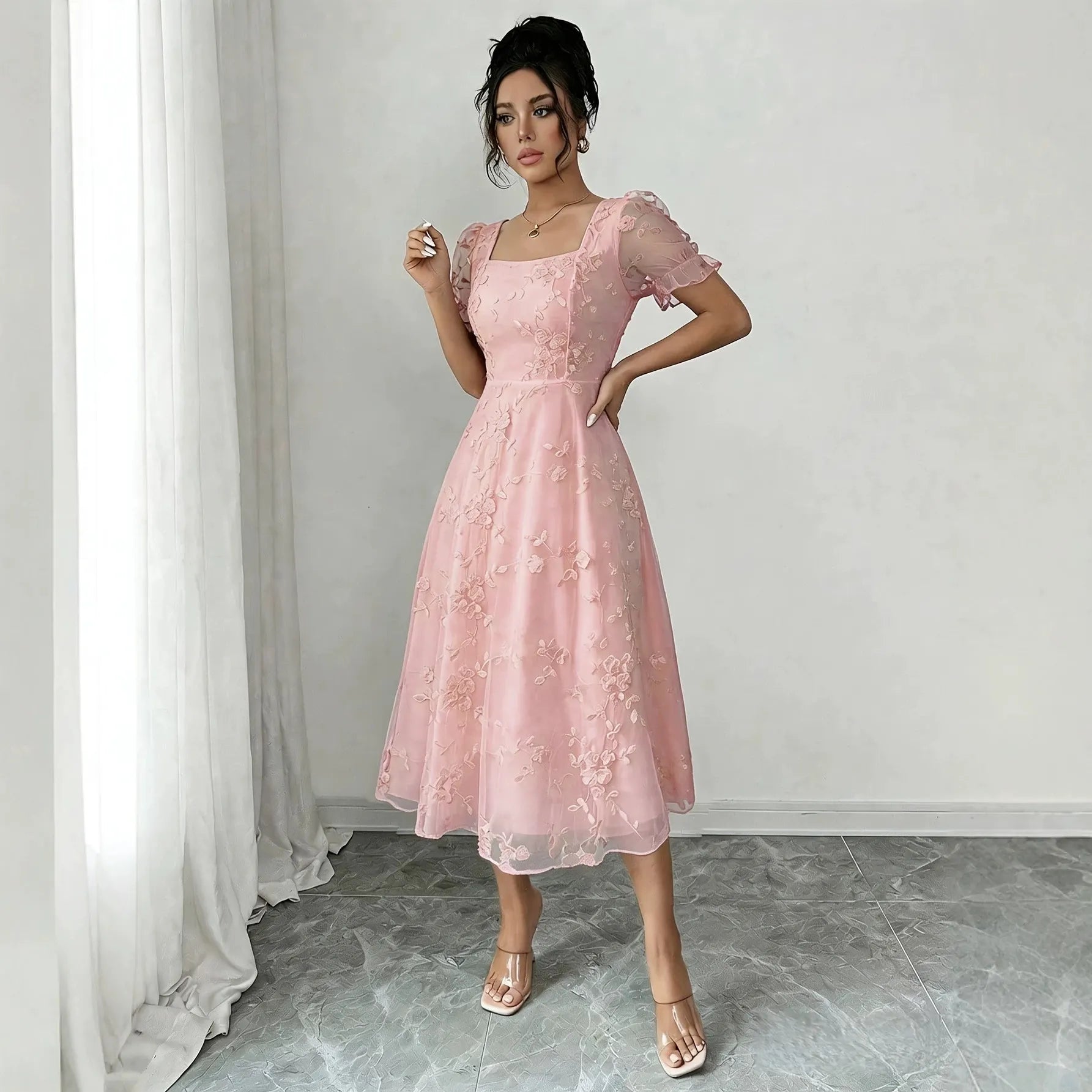 Solid Square Neck Ruffle Short Sleeve 3D Floral Embroidery High Waist A-Line Midi Dress