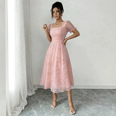 Solid Square Neck Ruffle Short Sleeve 3D Floral Embroidery High Waist A-Line Midi Dress