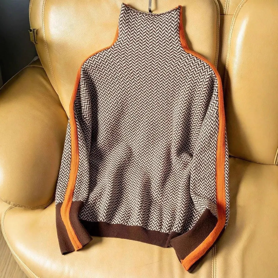 Herringbone Turtleneck Knit Sweater, Color Block Contrast Long Sleeve Slim Pullover