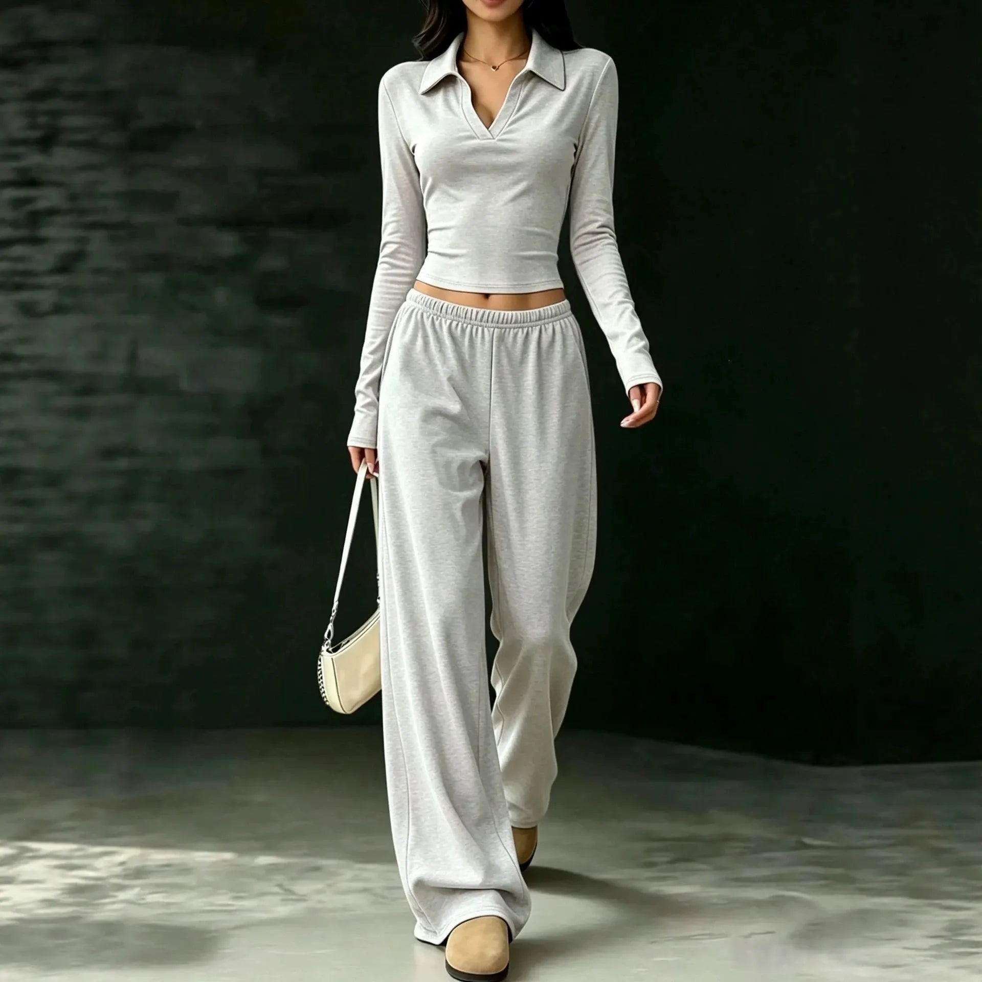 Black Polo V-neck Long Sleeve Crop Top & Elastic Waist Wide Leg Pants Two Piece Set
