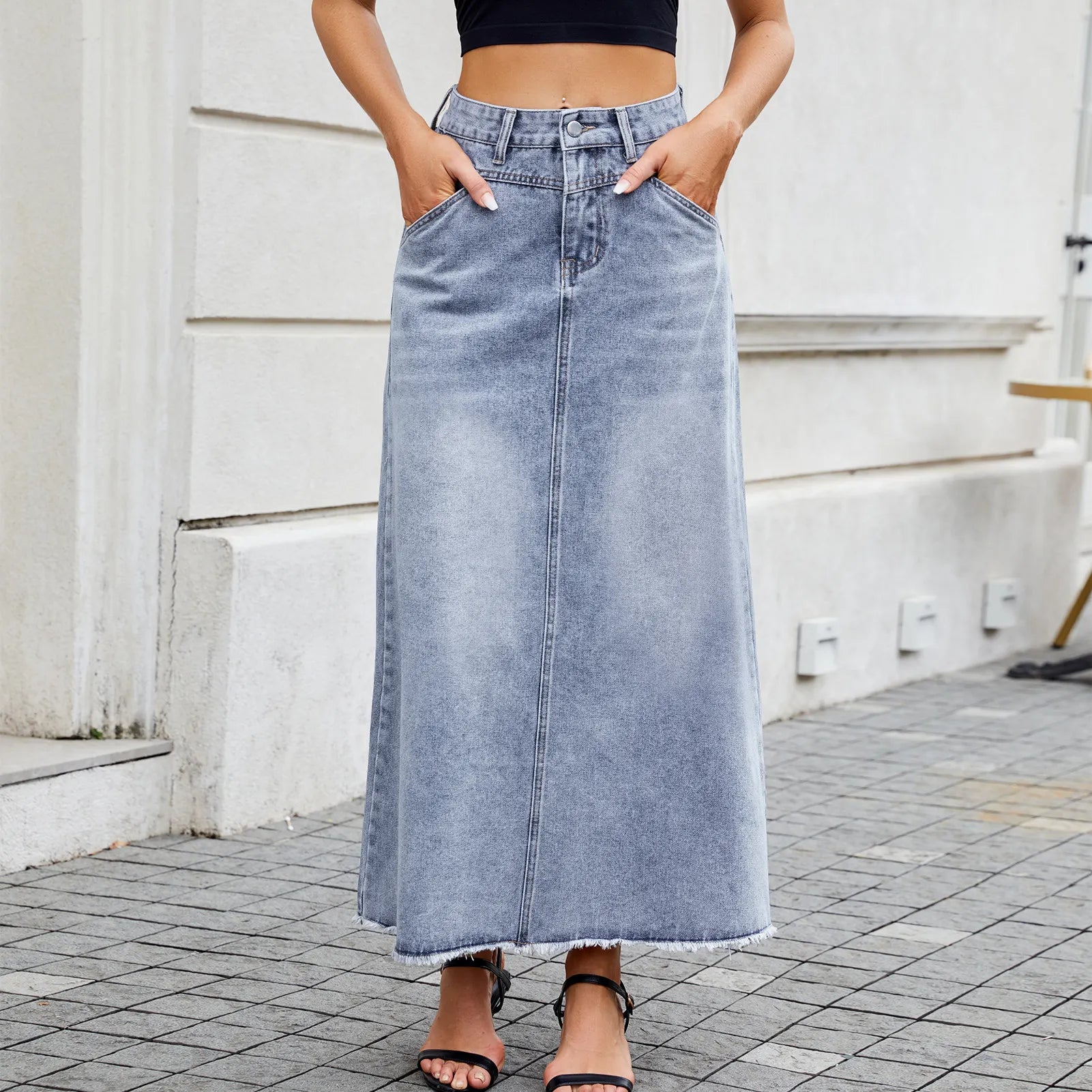 Raw Hem Denim Maxi Skirt