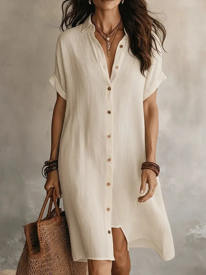 Lapel Short Sleeve Single Breasted Loose Cotton Linen Shirt Midi Dress