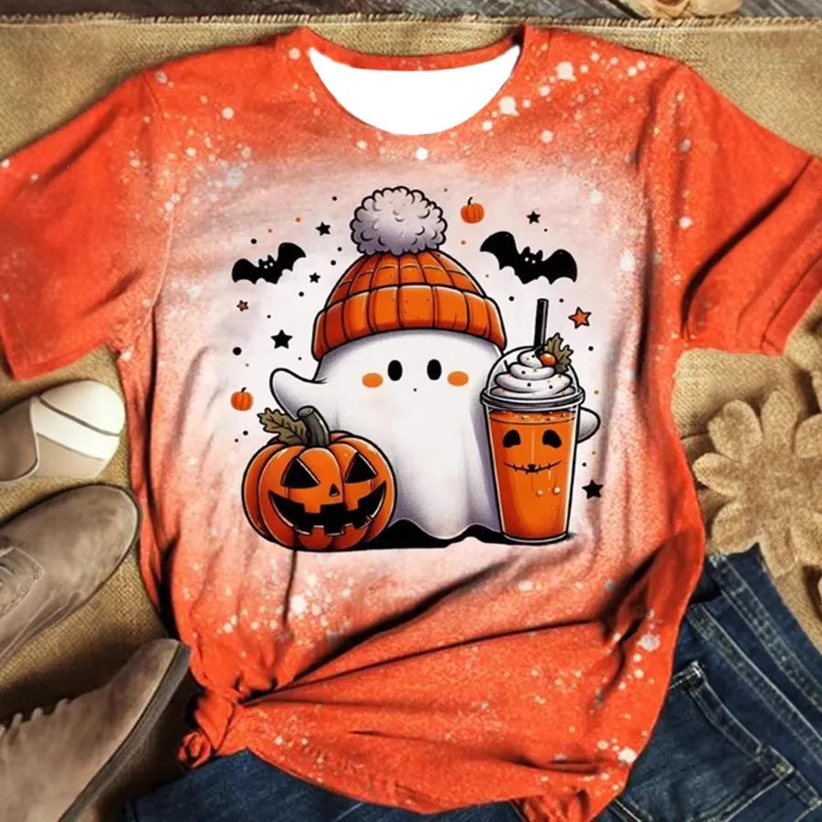 Halloween Floral Ghost Print Crew Neck Short Sleeve T‑Shirt