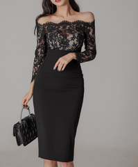 White Off-the-Shoulder Lace Midi Dress, Long Sleeve Bodycon Formal Cocktail Dress
