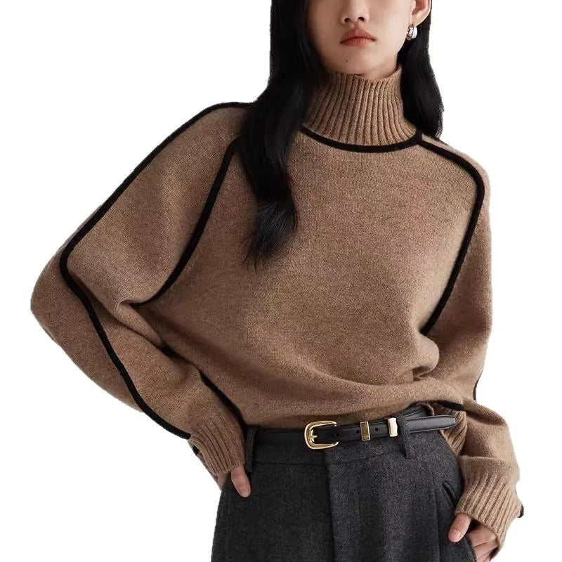 Contrast Trim High Neck Loose Pullover Sweater